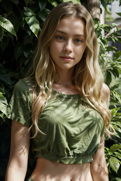 Caucasian female with green eyes, long wavy blonde hair, wearing a green leafy top, surrounded by lush green foliage in the background