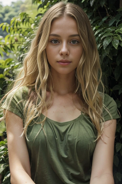 Caucasian female with green eyes, long wavy blonde hair, wearing a green leafy top, surrounded by lush green foliage in the background