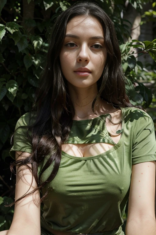 Caucasian female with green eyes, long wavy black hair, wearing a green leafy top, surrounded by lush green foliage in the background