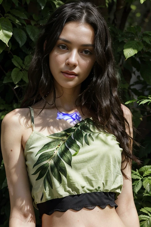 Caucasian female with green eyes, long wavy black hair, wearing a green leafy top, surrounded by lush green foliage in the background
