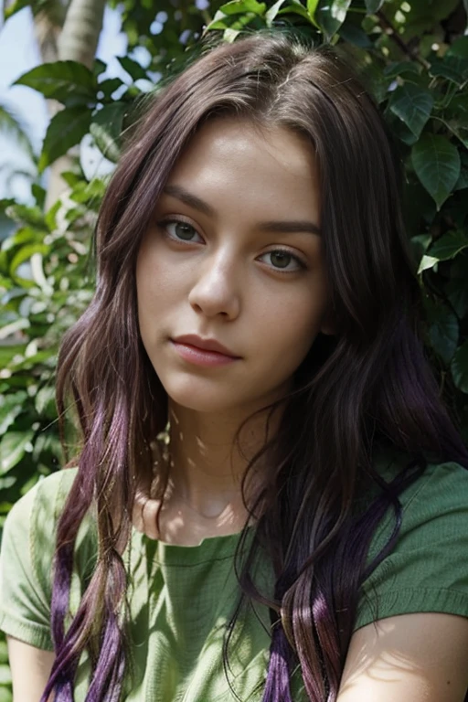 Caucasian female with green eyes, long wavy purple hair, wearing a green leafy top, surrounded by lush green foliage in the background