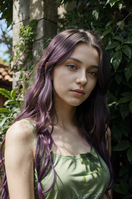 Caucasian female with green eyes, long wavy purple hair, wearing a green leafy top, surrounded by lush green foliage in the background