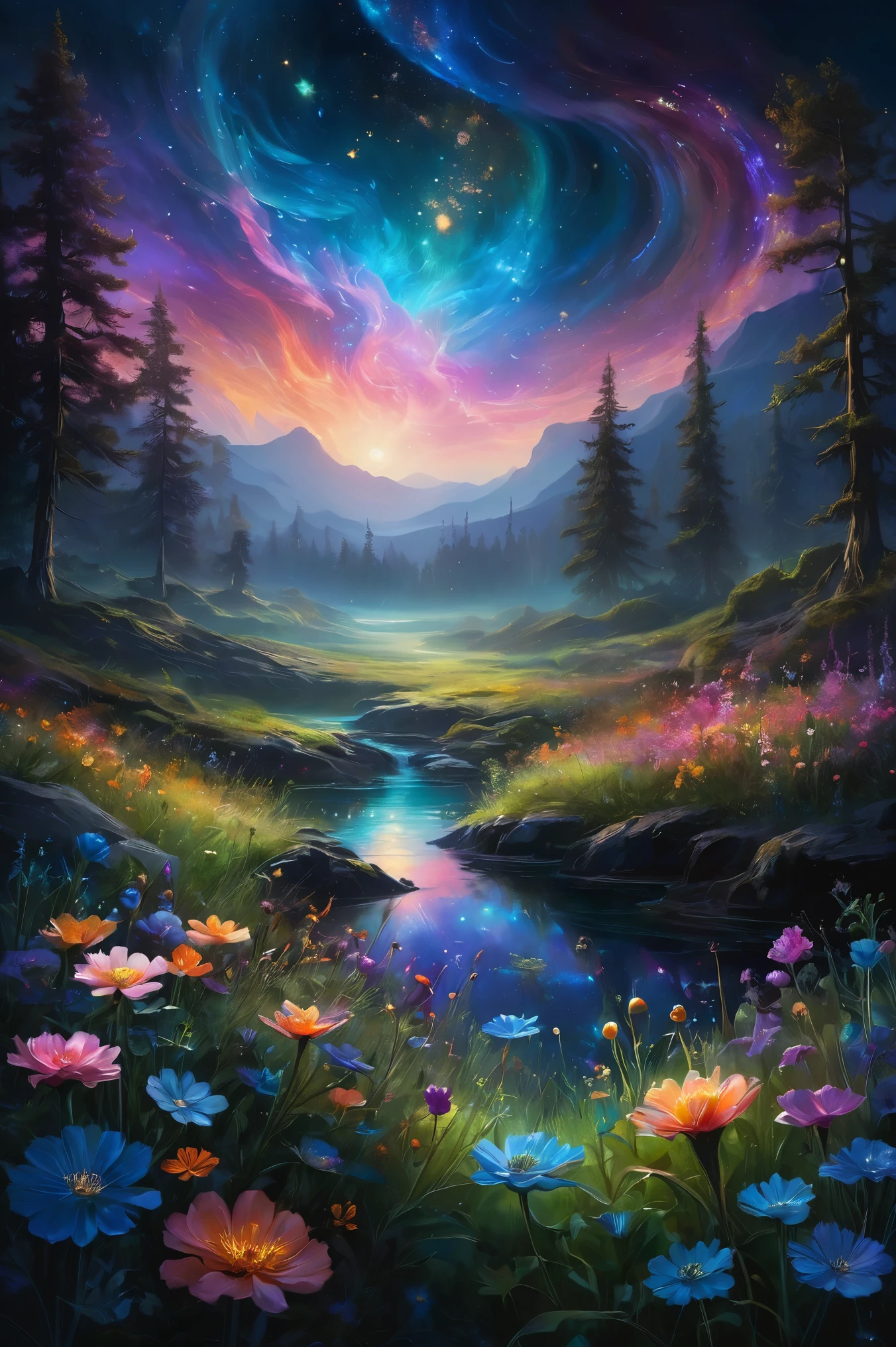 In a mesmerizing digital painting, A lare space and below there is a meadow and flowers   emerges, radiating vibrant bioluminescent hues against the dark expanse of space. Its otherworldly form is a symphony of iridescent colors, with scales that shimmer like precious gems and intricate patterns that seem to dance with life. Luminescent tendrils extend from its body, illuminating its surroundings with an ethereal glow. showcasing its celestial beauty in stunning high-definition.
