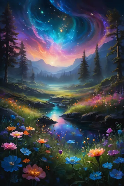 In a mesmerizing digital painting, A lare space and below there is a meadow and flowers   emerges, radiating vibrant bioluminesc...