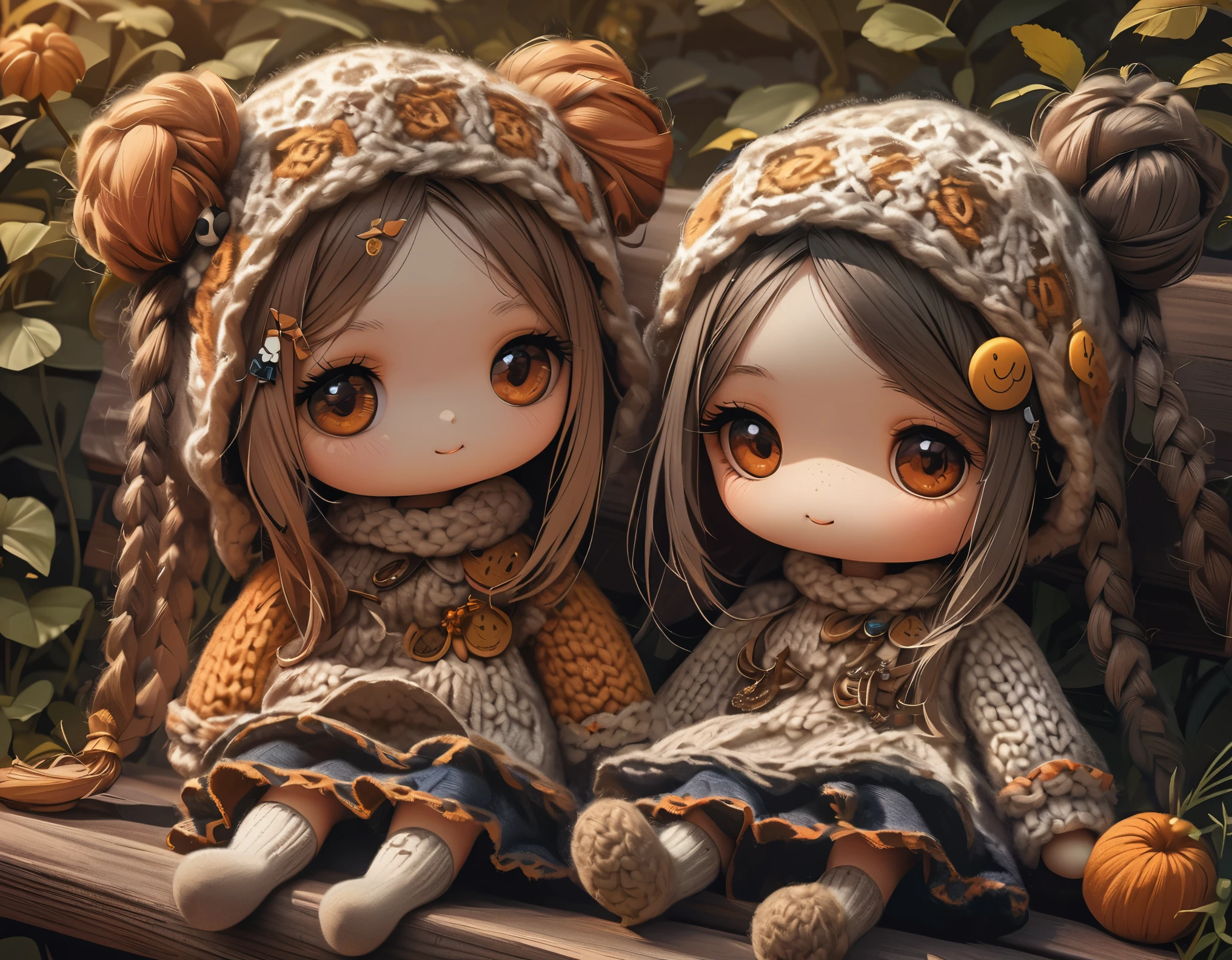 (La best quality,High resolution,super detailed,actual),2 cute knitted dolls，in the garden，smiley face，（（A masterpiece full of fantasy elements）））， （（best quality））， （（intricate details））（8K）