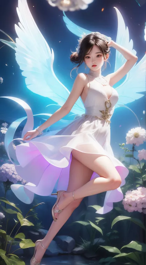 (((girl with))，Long skirt，（Flower Fairy），(colorful wings），Irridescent color，Arthur effect, Transparent body, Gradient translucen...