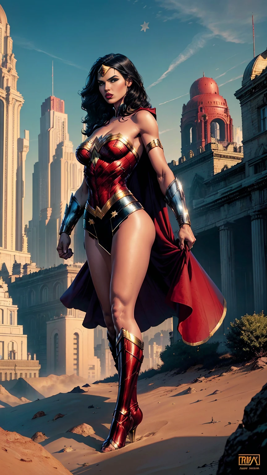 ((Photo du corps entier, debout, Pieds sur terre)) (Adriana Lima :1.1) lèvres rouges, yeux verts, ((Photo du corps entier, debout, Pieds sur terre)) Wonder Woman se dresse de manière imposante dans une ville de Themyscira. Le paysage est luxuriant. La caméra détaille tout, une femme guerrière, couvrir d&#39;étoiles
.

