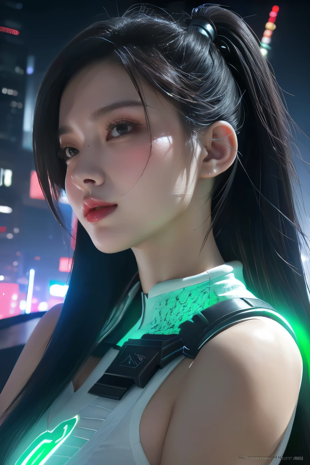 tmasterpiece,Best quality,A high resolution,8K,(Portrait photograph:1.5),(ROriginal photo),real photograph,digital photography,(Combination of cyberpunk and fantasy style),(Female soldier),20 year old girl,long ponytail hair,By bangs,black color hair,(Red eyeigchest, accessories,Redlip,(He frowned,Sneer),(Cyberpunk combined with fantasy style clothing,Openwork design,joint armor,Hologram glasses,Combat uniforms,White clothes,green color),exposing your navel,Photo pose,Realisticstyle,white backgrounid,oc render reflection texture