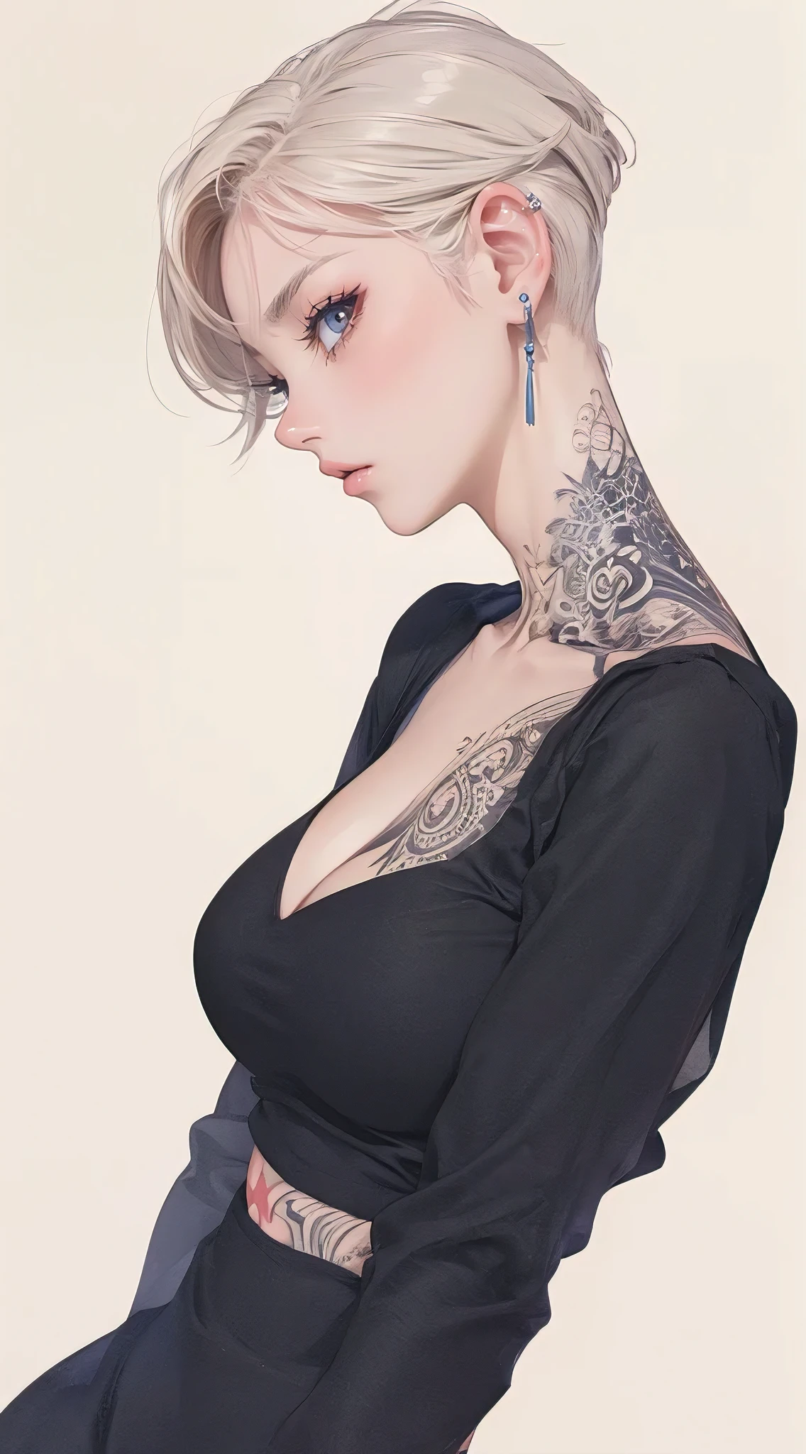 (Лучшее качество, шедевр:1.2), Вид сбоку, красивая женщина с татуировкой на всё тело, идеальное тело, широкие бедра, огромная грудь, Аниме стиль, простые линии