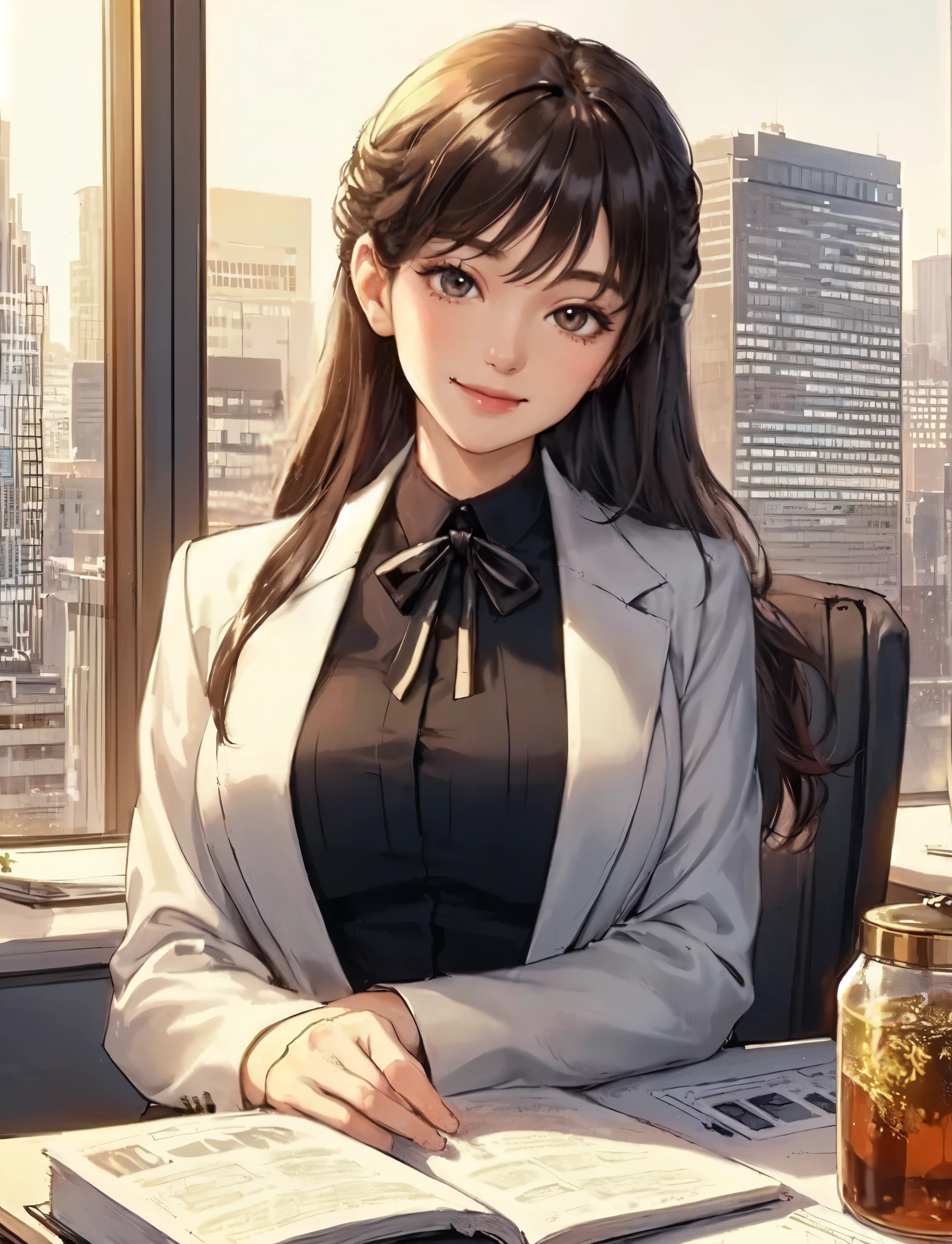 1lady solo, sitting, office worker, (white suit jacket) (black shirt) stylish, mature female, /(dark brown hair/), kind smile, (masterpiece best quality:1.2) delicate illustration ultra-detailed, large breasts BREAK (modern office) indoors, desk, herbal tea, detailed background