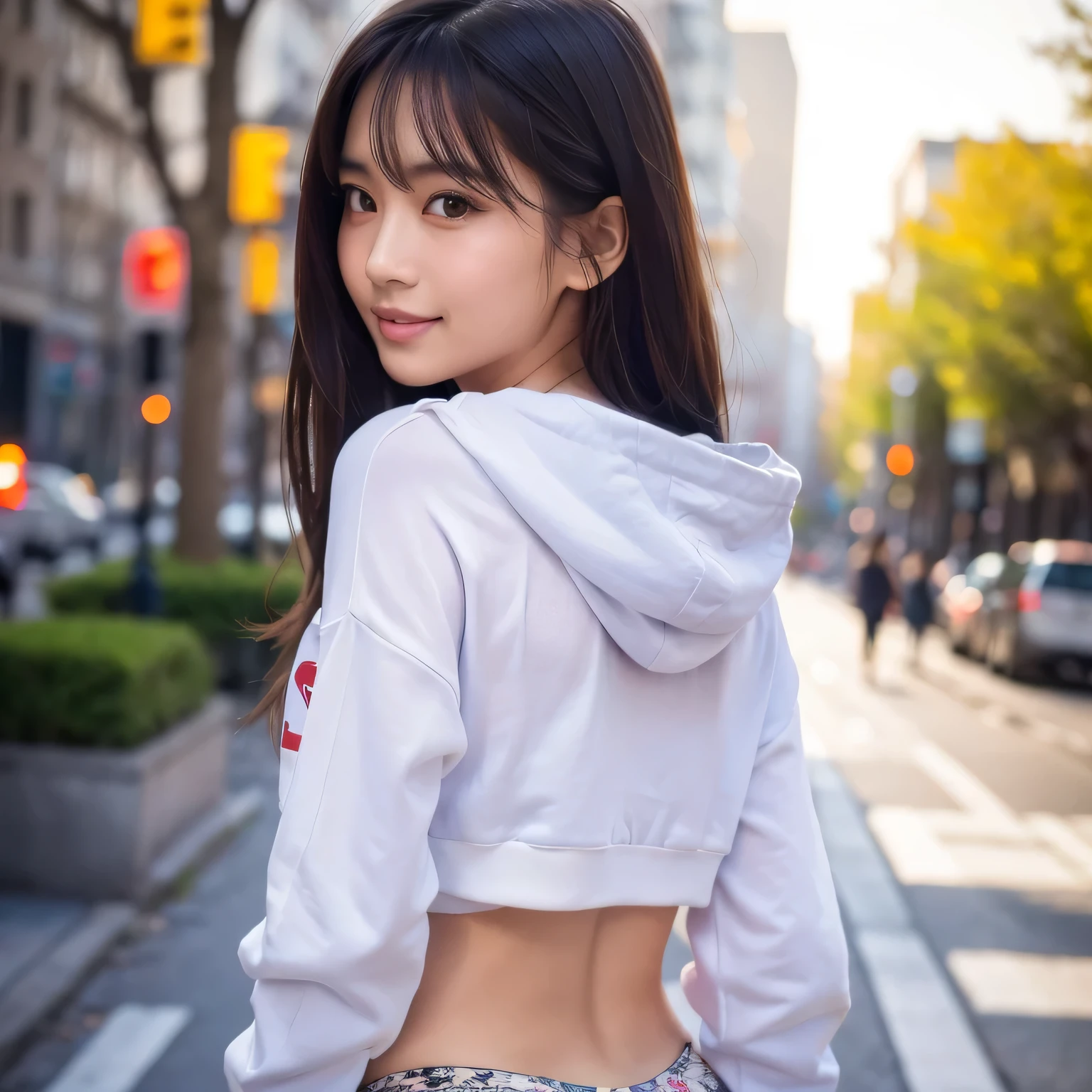 Arafed asian woman in a white hoodie and floral shorts - SeaArt AI