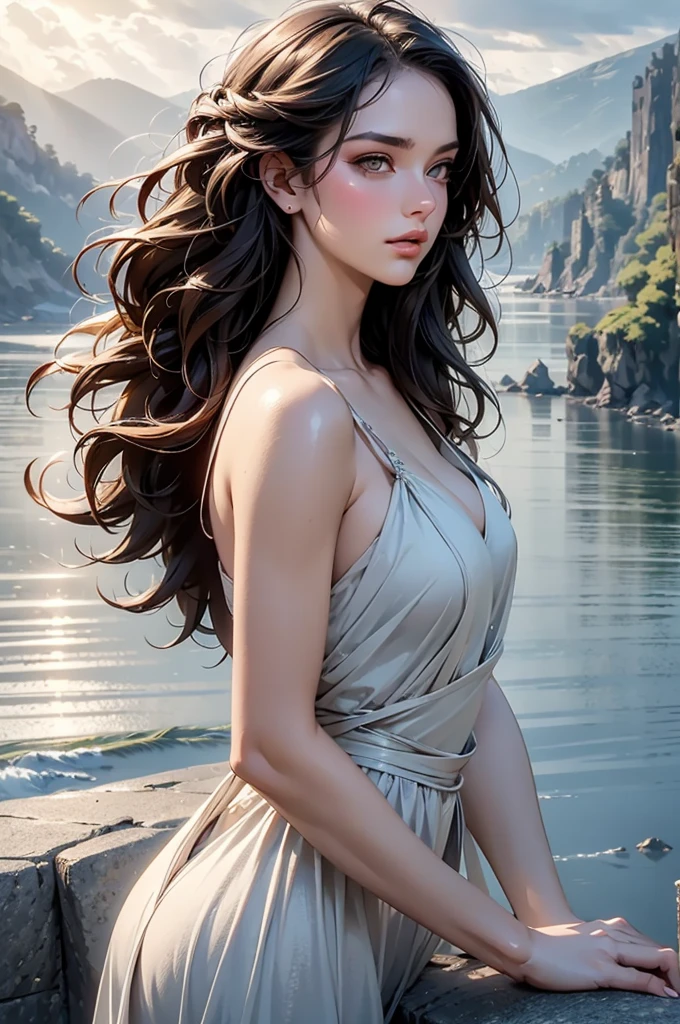 (sharp focus:1.2), photo, attractive young woman, (beautiful face:1.1), detailed eyes, luscious lips, (smokey eye makeup:0.85), (medium breasts:1.0), (athletic body:1.2), (wavy hair:1.2), wearing (maxi dress:1.2) on a (cliffside:1.2). (moody lighting:1.2), depth of field, bokeh, 4K, HDR