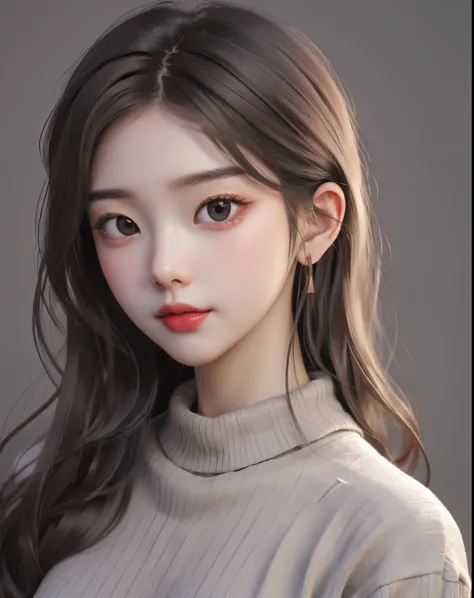Girl, long brown hair, gray eyes, sharp features, white skin, cherry lips, sweater