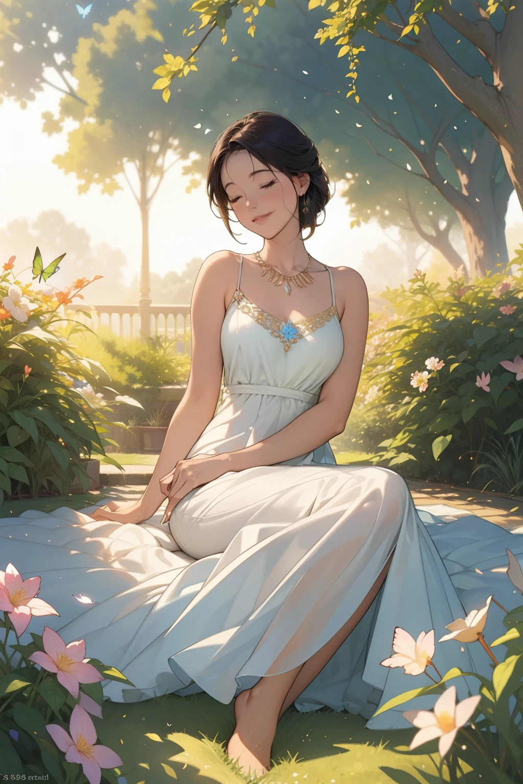 (medium:1.1),oil painting, detailed background, serene atmosphere, vibrant colors, flowing dress, graceful, elegant posture, sunlit garden, blooming flowers, fluttering butterflies, soft brushstrokes, ethereal beauty, delicate features, sparkling eyes, tender smile, golden sunlight, peaceful expression, tranquil setting, warm and inviting ambiance, glowing skin, delicate makeup, shimmering necklace, gentle breeze, dancing leaves, enchanting garden, timeless beauty, captivating gaze, blissful moment, intricate details, subtle shadows, dreamlike quality.