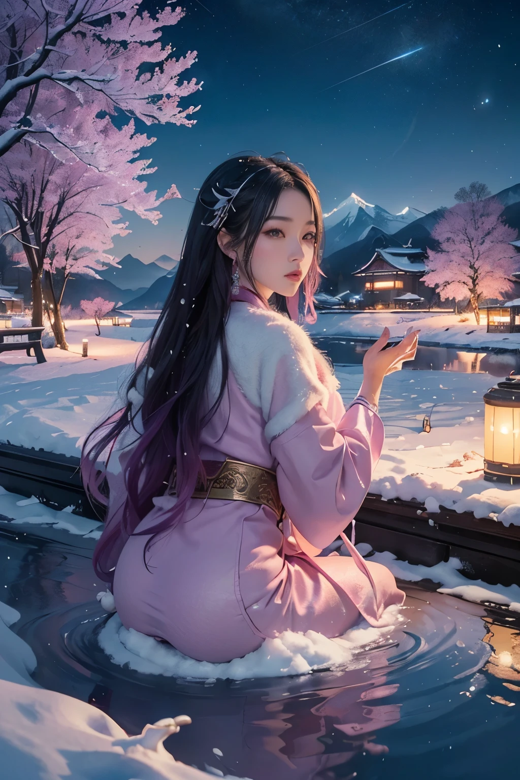 (((Xin Haicheng style)), pixiv, anime drawing, high quality,
Pink and purple hued sky blanketing the horizon,
Beautiful scenery unfolds with a magical realism touch,
((Xin Haicheng style)): 0.8,

Artistic atmosphere pervades as the stars twinkle bright,
Starry night scene, a train passes by in soft light,
Hills dotted with the glow of lanterns, snow-capped mountains in sight,
Soda water ripples, reflecting the tranquil, serene night,

Grass sways gently, trees sway in rhythm, smokes wafting up high,