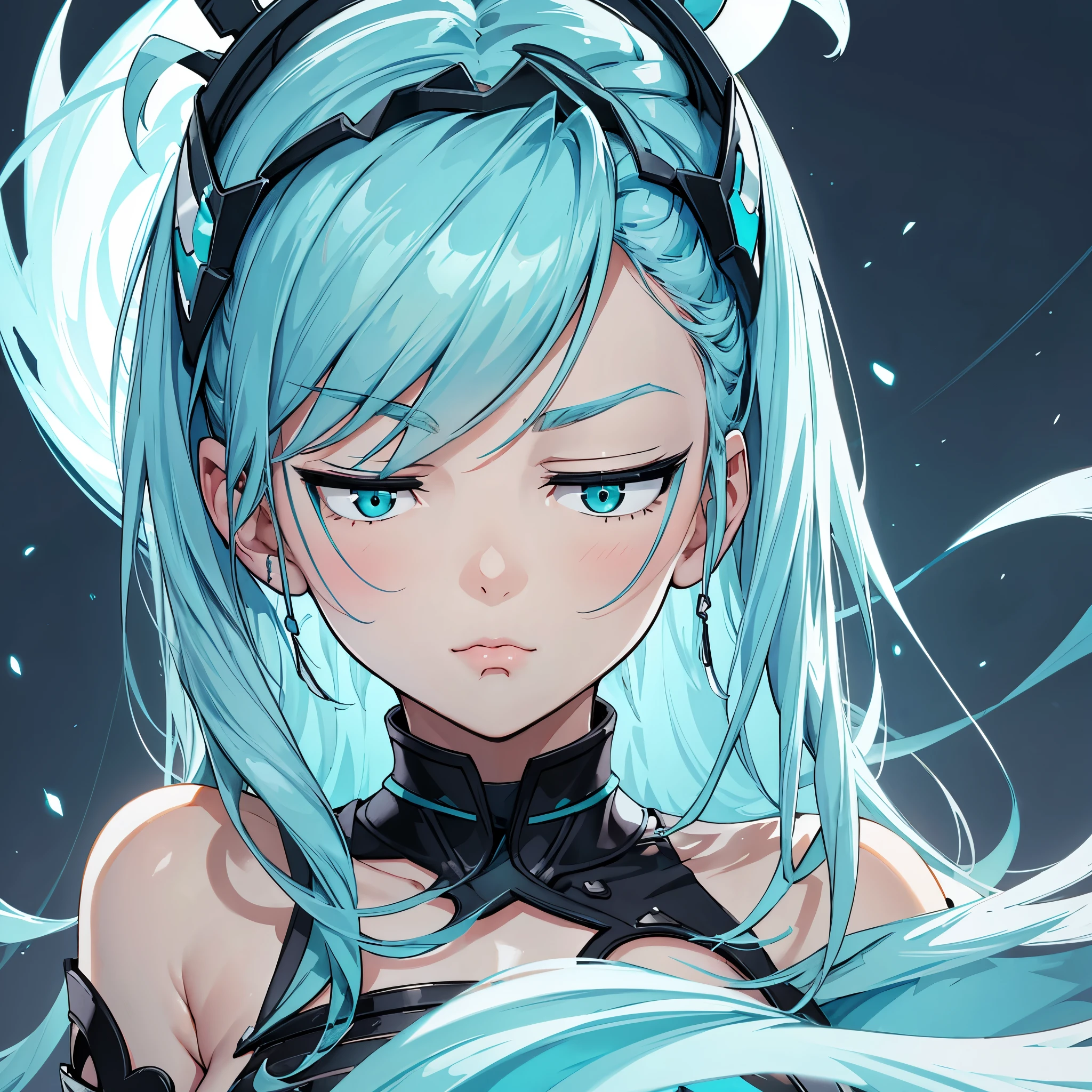 Masterpieces, best quality, close-up 1 girl, focus on her face, she pout at you, hight details eyes, her eyes is gray, her hair is turquoise, white skin, Cutout Dress,