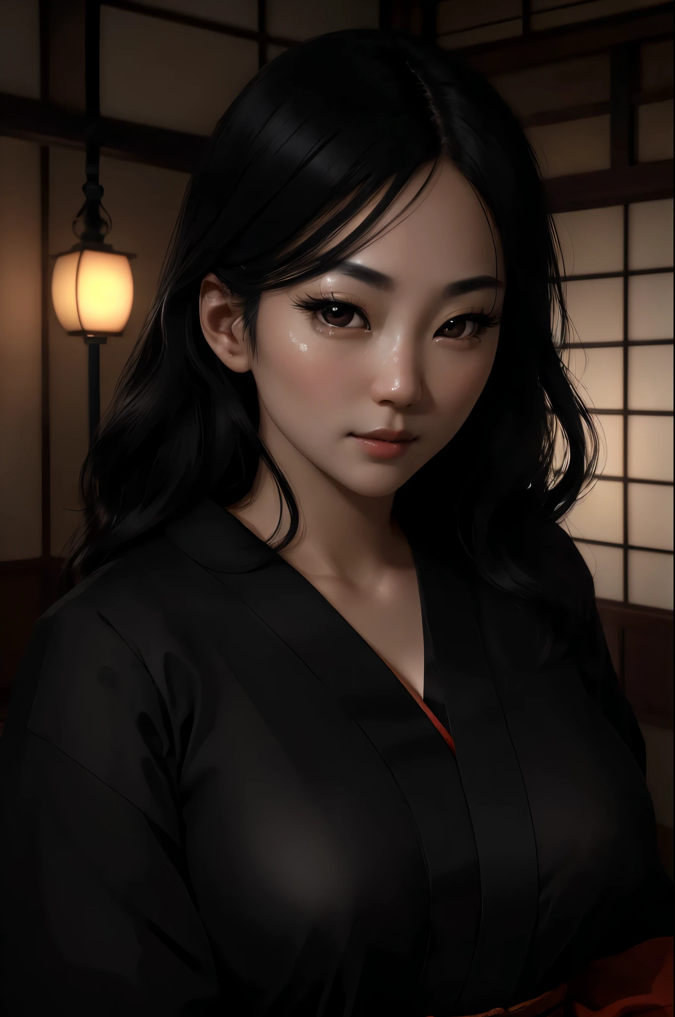 (RAW photo), (Realistic), (photo-realistic), ultra high resolution, masterpiece, highest quality, portrait, facial portrait, perfect lighting, detailed lighting, dramatic shadow, ray tracing, Shengyi, 1 beautiful Japanese lady, alone, 30 years old, perfect face, ((beautiful detailed black eyes:1.3)), huge breasts, medium wavy hair, black hair, voluptuous body, night dress, whole body, indoor, old Japanese room, night, 
 