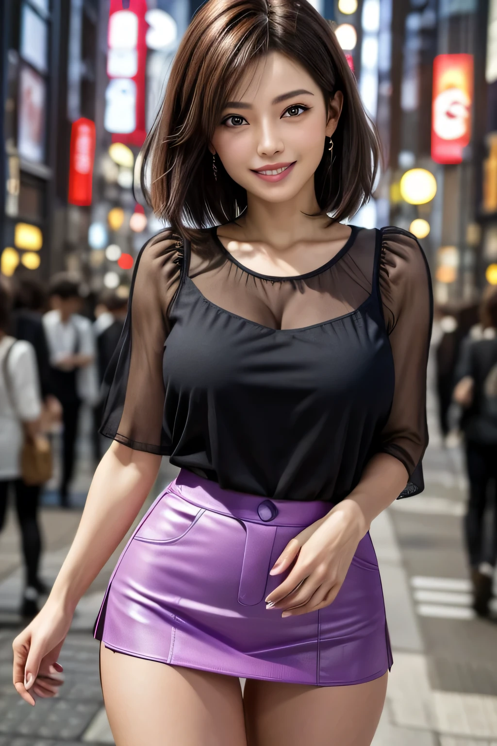 (Photoreal:1.4), (Super detailed), (highest quality), (best shadow), (masterpiece), ultra high resolution, 1 Ultimate beautiful mature woman, highly detailed face, (perfect teeth), fine eyes, double eyelid, eyelash, lip details, short black hair, (light purple fancy blouse:1.2), (red tight mini skirt:1.3), light pink panties, (big breasts), smile, thighs, Depth of written boundary, perfect lighting, With background: (Tokyo Ginza street)
