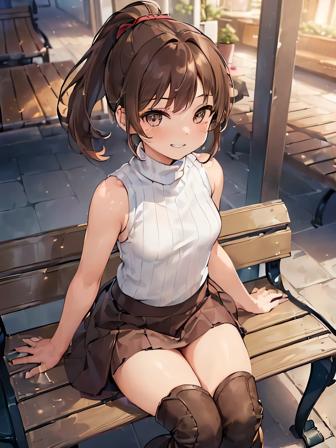 Anime girl sitting on a bench in a city park - SeaArt AI