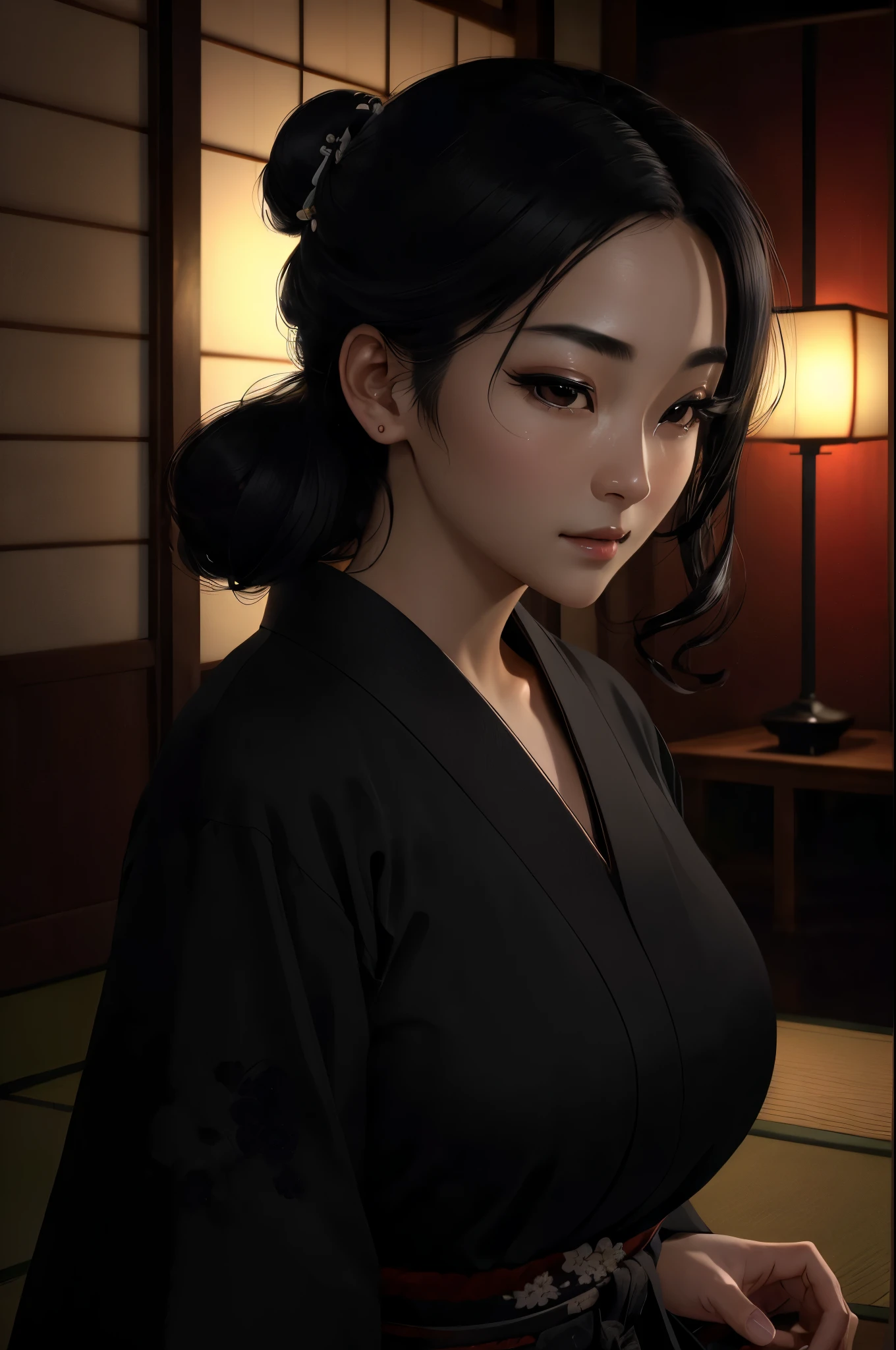 (RAW photo), (Realistic), (photo-realistic), ultra high resolution, masterpiece, highest quality, portrait, facial portrait, perfect lighting, detailed lighting, dramatic shadow, ray tracing, Shengyi, 1 beautiful Japanese lady, alone, 30 years old, perfect face, ((beautiful detailed black eyes:1.3)), huge breasts, updo hair, black hair, voluptuous body, night dress, whole body, indoor, old Japanese room, night, 
 