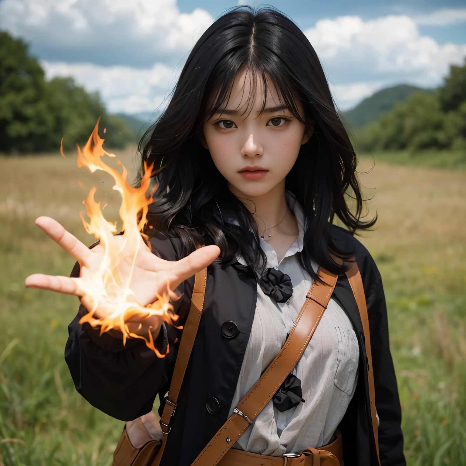 A beautiful sixteen-year-old girl with black hair, standing in a grassland area, dressed in modern clothing, with an angry expression, thrusting one hand forward, producing magical flames in that hand.