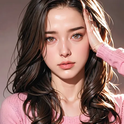 Girl, long brown hair, gray eyes, sharp features, white skin, pink lips, sweater