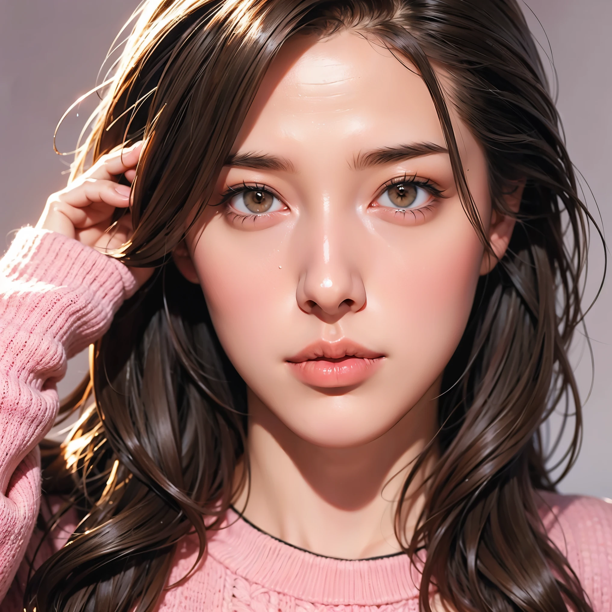 Girl, long brown hair, gray eyes, sharp features, white skin, pink lips, sweater