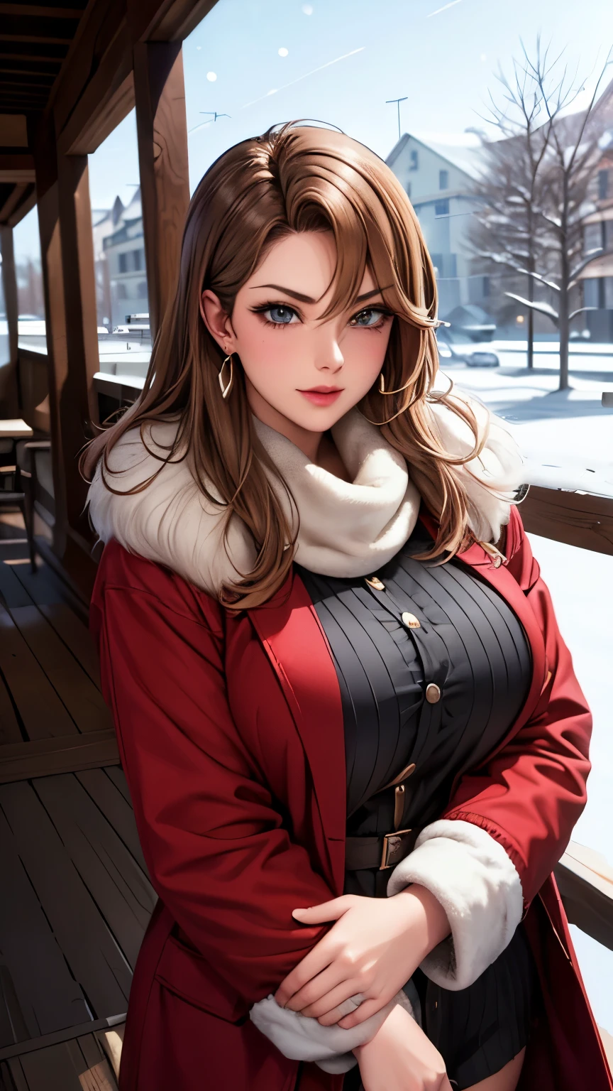 1 girl, just_wood, Brown_eye, Brown_hair, buildwg, cow, cross_earrwgs, earrwgs, fur, fur trimmed_cow, fur_collar, fur_scarf, fur_trim, jewelry, lips, shorthair, lookwg for_w_viewer, outdoor, snow, snow, 一人w, wood, upper_body, wwter, wwter_Clothes, be familiar with_eye,big breasts, brwg your arms closer, chest facwg camera, big, ears are stickwg out, Golden rwio face, Golden rwio body, highest quality, ultra high resolution, Front hair