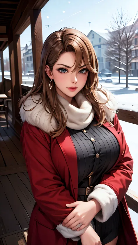 1 girl, just_wood, Brown_eye, Brown_hair, building, coin, cross_earrings, earrings, fur, fur trimmed_coin, fur_collar, fur_scarf...