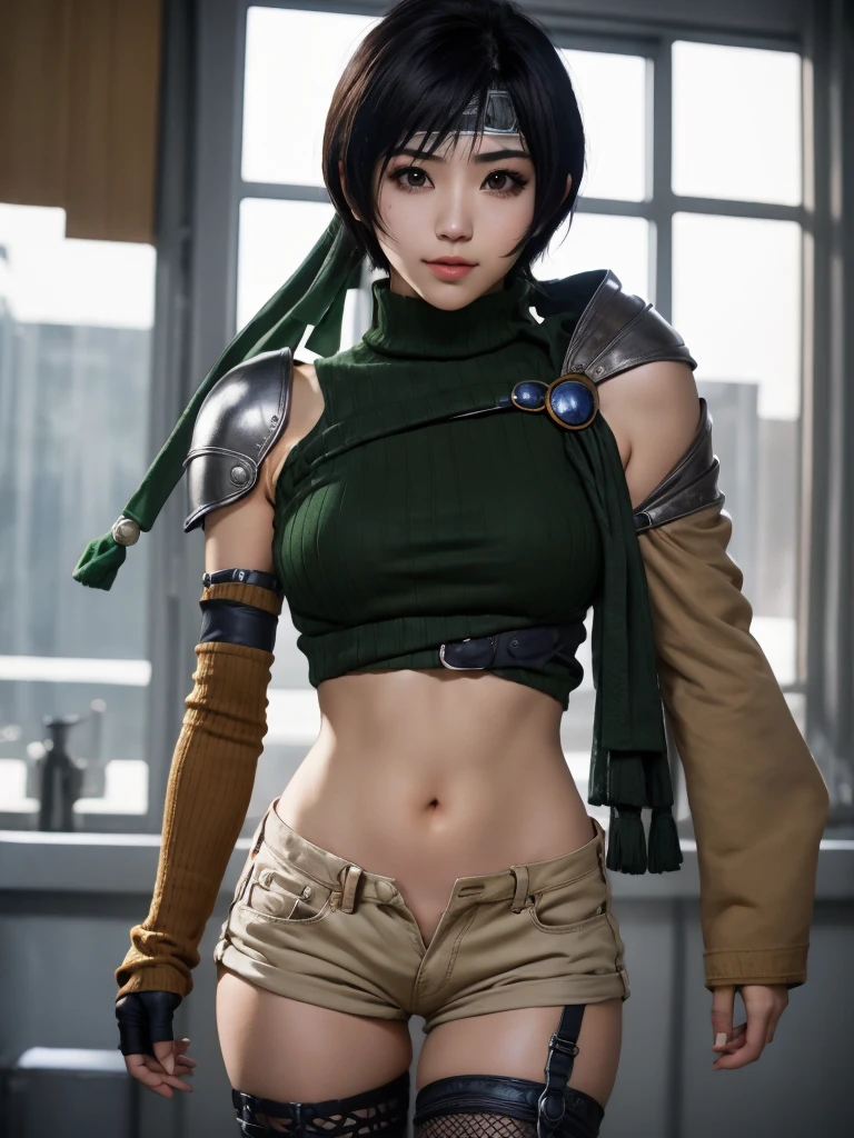 
Yuffie Kisaragi, un personaje distintivo del mundo del juego de Final Fantasy, conocida por su cabello negro y ojos marrones. Ella luce un corte de duendecillo corto y está vestida con un top corto., Guantes sin dedos, medias de rejilla y protector de frente. Su estilo es único con suéteres de cuello alto sin mangas y pantalones cortos que dejan al descubierto su ombligo.. Una diadema completa su conjunto., mientras que calcetines y guantes hasta el muslo complementan sus mangas.. Su look se completa con un jersey de cuello alto sin mangas y medias hasta el muslo.. La representación de Yuffie se presenta como una obra maestra de la más alta calidad en una resolución excepcionalmente alta de 8K.. Sus ojos están particularmente resaltados., con hermosa, Características detalladas que mejoran su apariencia hiperrealista.. Tanto su rostro como su cuerpo son extremadamente detallados., con cada faceta de su anatomía cuidadosamente elaborada, incluyendo manos y anatomía perfectas. La escena muestra a Yuffie en una típica foto de vaquero., mirando directamente al espectador. La imagen se coloca en el interior., con la iluminación perfectamente ajustada para resaltar al máximo sus detalles. La presentación general de la imagen es un homenaje al personaje y sus rasgos definitorios., cobra vida a través de la ilustración con una calidad y detalle impresionantes.