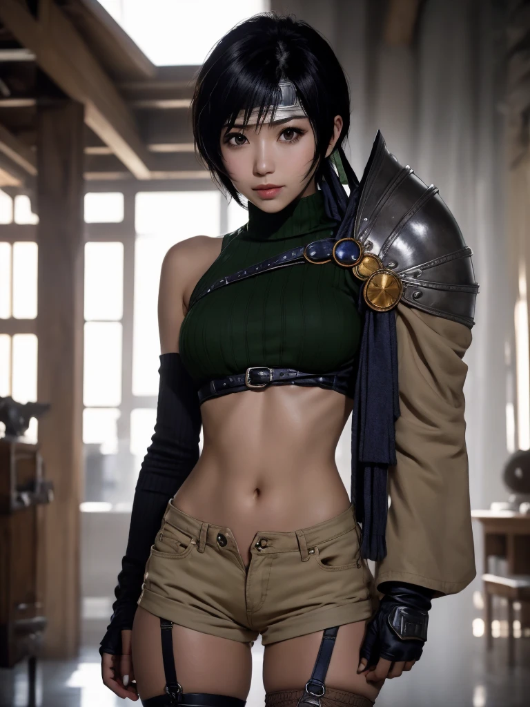 
Yuffie Kisaragi, a distinctive character from the game world of Final Fantasy, known for her black hair and brown eyes. She sports a short pixie cut and is dressed in a crop top, fingerless gloves, fishnet stockings and a forehead protector. Her style is unique with sleeveless turtlenecks and short shorts that expose her belly button. A headband completes her outfit, while single thigh-high socks and gloves complement her sleeves. Her look is completed with a sleeveless turtleneck and thigh highs. The depiction of Yuffie is presented as a masterpiece of the highest quality in an exceptionally high resolution of 8K. Her eyes are particularly highlighted, with beautiful, detailed features that enhance her hyper-realistic appearance. Both her face and body are extremely detailed, with every facet of her anatomy carefully crafted, including perfect hands and anatomy. The scene shows Yuffie in a typical cowboy shot, looking directly at the viewer. The image is placed indoors, with the lighting perfectly adjusted to bring out its details to the fullest. The overall presentation of the image is an homage to the character and his defining features, brought to life through the illustration in stunning quality and detail.