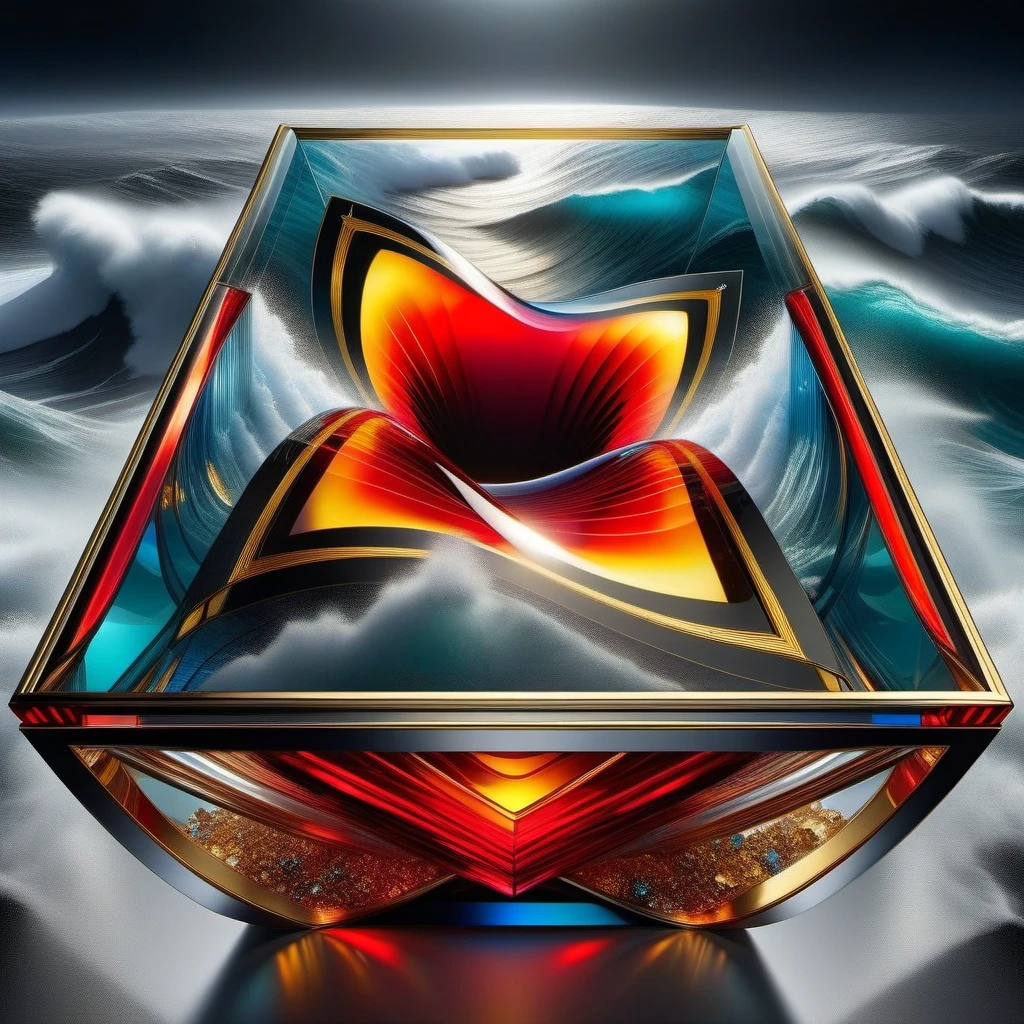 Glass tabletop resting against facing tempestuous ocean, embodying "Love conquers all" through vivid red and bold black hues interwoven with gold and platinum wire work, funneling into an outer space vanishing point, fusion of Mike Davis's complexity, Xue Wang's finesse, balanced as Jacob Lawrence, dynamic as Francis Picabia, ultra HD, vivid colors, high detail, UHD pen and ink, perfect composition, intricate,  The background of the glass table stands by the stormy sea. High Quality, Masterpiece. best quality, , super detail