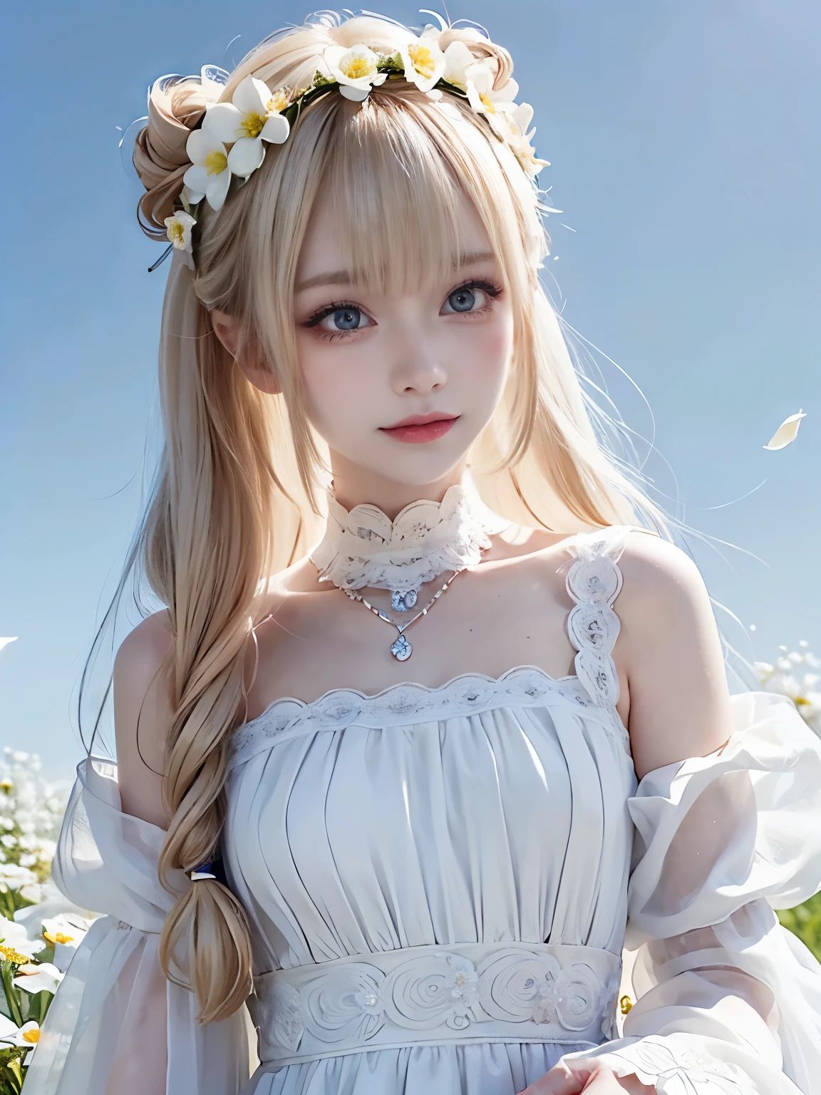 raw photo, 8k, (top-quality), Realistic, (real picture, Intricate details), (natural skin texture, detailed skin, hyper realism, sharpness), full body shot, Japanese teenage girl dancing, (clear sky, white flowers, white petals:1.2, On the mysterious hill where white flowers bloom, jumping high), ((white dress, see-through dress, white flower hair ornament, flower crown, look far away)), (pale skin:1.2), slender body, ((light blond hair:1.3,bun hairstyle, blunt bangs)), (Parted lips:1.3, eye shadow, eyeline, tear bag:1.2, red lip, undereye circle, smile), sunlight, full body shot