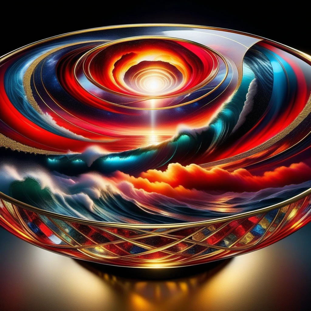 Glass tabletop resting against facing tempestuous ocean, embodying "Love conquers all" through vivid red and bold black hues interwoven with gold and platinum wire work, funneling into an outer space vanishing point, fusion of Mike Davis's complexity, Xue Wang's finesse, balanced as Jacob Lawrence, dynamic as Francis Picabia, ultra HD, vivid colors, high detail, UHD pen and ink, perfect composition, intricate,  The background of the glass table stands by the stormy sea. High Quality, Masterpiece. best quality, , super detail