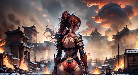 Shoot from behind，((epic work，Character centered，a girl，unique，night，girl in flames，Ancient battlefield of China，wearing armor，G...