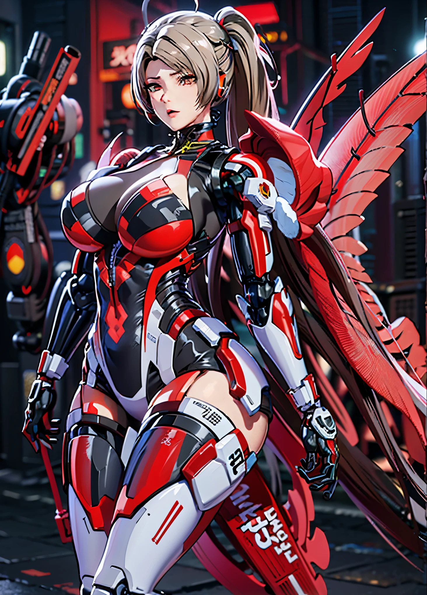 girl 1、highest quality、masterpiece、超A high resolution、Arad woman in futuristic suit with red mechanical wings and sword, A girl wearing a black shiny mechanical cyber armor.., Cyberpunk Anime Girl Mecha, Anime robots and organic matter mix together, Mechanized Black Valkyrie Girl, perfect anime cyborg woman, cute cyborg girl, female mecha, A simple futuristic cyborg, beautiful girl cyborg, beautiful robot character design,((Super realistic details))， Realistic character art rendering 8K, anime robot、(red glowing eyes)、have a sword、((mai shiranui))、high ponytail、4K、(((highest quality)))、(((mechanical headgear:1.3)))、(((very well-groomed face:1.3)))、(((No expression)))、(((cyber headphones:1.3)))、(((Long ear antennae:1.6)))、(((Anime related)))、(((Machine eyes glowing red:1.3)))