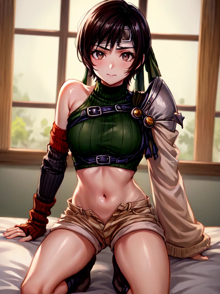 
Yuffie Kisaragi, a distinctive character from the Final Fantasy game world, known for her black hair and brown eyes. She sports a short pixie cut and wears a crop top, fingerless gloves, fishnet stockings and a forehead protector. Her style is unique with sleeveless turtlenecks and short shorts that expose her belly button. A headband completes her outfit, while single thigh-high socks and gloves complement her sleeves. Her look is rounded off with a sleeveless turtleneck sweater and hold-up stockings. The depiction of Yuffie is a full body shot from above, kneeling in front of the camera, kneeling on a towel, presented as a masterpiece of the highest quality in an exceptionally high resolution of 8K. Her eyes are particularly highlighted, with beautifully detailed facial features that enhance her hyper-realistic appearance. Both her face and body are extremely detailed, every facet of her anatomy is carefully crafted, including perfect hands and anatomy. The scene shows Yuffie looking directly at the viewer in a typical cowboy shot. The image is placed indoors with the lighting perfectly adjusted to bring out the details to their best advantage. The overall presentation of the image is a tribute to the character and his defining characteristics, brought to life through the illustration in stunning quality and detail.
