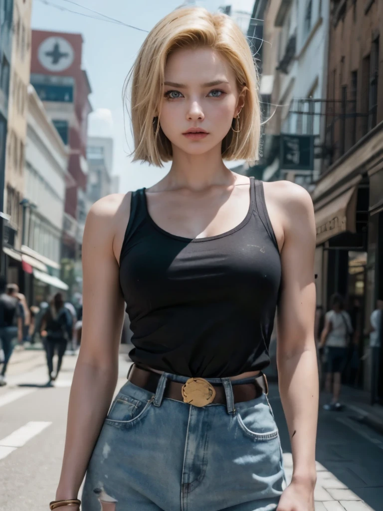 Physical Characteristics:

Hair: Android 18 has shoulder-length, straight blonde hair that frames her face, giving her a sharp and edgy look. Open jacket, medium breasts, thin waist, thick legs, wide hips, she is standing on a destroyed street, destroyed city in the background. 
Eyes: Her eyes are a striking blue, often exuding a cool and calculating demeanor.
Build: She has a lean, athletic build that showcases her strength and combat training.
Outfit:

Top: She typically wears a fitted, sleeveless white shirt, which allows for  of movement during fights.
Bottom: This is paired with a denim skirt and a black belt, adding a casual yet ready-for-action vibe.
Accessories: Android 18 is known for her red ribbon on her left arm, a nod to her origins, and she often wears gold hoop earrings.
Realistic Touches:

Texture: The materials of her clothing would have a realistic texture, with the denim being rugged and the shirt being soft to the touch.
Complexion: Her skin would be fair, with the subtle imperfections and variations that come with being human.
Expression: Her expressions would be nuanced, capable of showing a range from stern focus to rare smiles that hint at her softer side.
To ensure the image is as realistic as possible, consider the following prompts:

Envision Android 18 with natural human proportions, paying close attention to the way light reflects off her hair and the textures of her clothing.
Imagine how her outfit would crease and fold as she moves, adding a dynamic element to her presence.
Consider the environment she might be in, whether it’s the stark interior of a spaceship or the bustling streets of a city, and how that would influence her appearance and stance.
I hope this description helps you visualize Android 18 as a realistic character while maintaining her iconic style from the series.