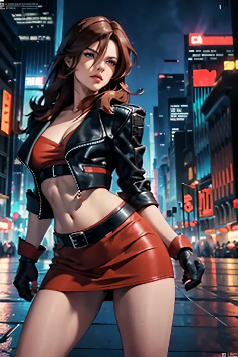 beautiful alluring female brawler, red mini skirt, red top, black leather jacket, black leather belt, long lush brown hair, blue...