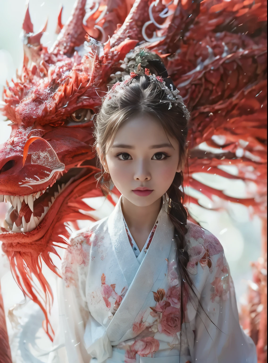 Alafid girl in white and red kimono with a dragon, dragon girl肖像, dragon girl, Chinese fantasy, hanfu, robe with dragon pattern, palace ， Beauty in Hanfu, Chinese girl, yanjun chengt, Chinese style, Red Dragon, traditional Chinese, Inspired by Chen Yifei, white hanfu, xianxia fantasy