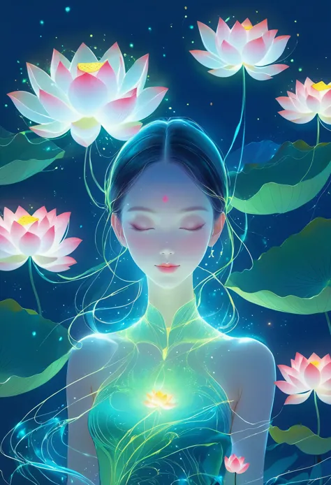 (masterpiece, best quality:1.2), in digital art style, charming illustration,1 girl, grace，alone，body glow，glowing lotus，glowing...