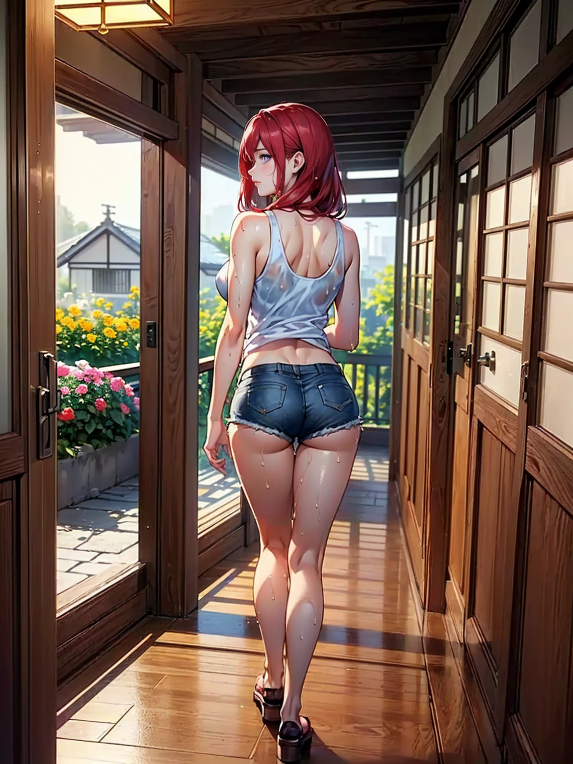 ((1girl, alone, solo, 1woman, TakashiroHiroko, dark purple eyes, red hair, TakashiroHiroko, Extremely detailed, ambient soft lighting, 4k, perfect eyes, a perfect face, perfect lighting, a 1girl)), ((solo, 1woman, Extremely detailed, ambient soft lighting, 4k, perfect eyes, a perfect face, perfect lighting, a 1girl)), (((big ass, from the back, looking behind, , yellow tank top, (revealing wet tank top, tank top revealing the breasts), women's tank top, wet yellow tank) top, transparent, transparency, mini shorts, jean shorts, navel out, abdomen showing, wet body, wooden house, classic Japanese house, old Japanese house , balcony, garden, flowers, walking in the hallway))