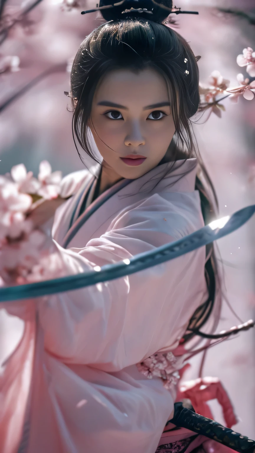 cherry blossoms、looking at the viewer、swordを持つ、turn the blade sideways、strike pose、 blade down、right hand blade、masterpiece、最high quality、high quality、High resolution、Super detailed、 swordcherry blossoms、Upper body、girl、arm、black hair、sword、flowerびら、cherry blossoms、long hair、 kimono、blurred background、bun hair、hair ornaments、holdingsword、long sleeve、flower、outdoor、最high quality、masterpiece、shape、 very delicate and beautiful、cg、8k wallpaper、wonderful、finely、 masterpiece、official art、very detailedcg団結8k wallpaper、huge file size、Super detailed、High resolution、very detailed、 美しい詳細なgirl、realistic、blade hand、blade up、right hand blade、 strike pose、basic grip、One sword