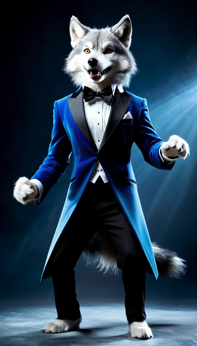 Elegant and dynamic dance postures and meticulous expressions, Anthropomorphic furry wolf wearing tuxedo, Silver gray and dark blue fur, Vibrant color palette, Excellent light and shadow work, Realistic textures, precise composition, Strong visual impact, Artistic charm, Presented in the style of National Geographic magazine photography, Capture people lively、Unique personality
