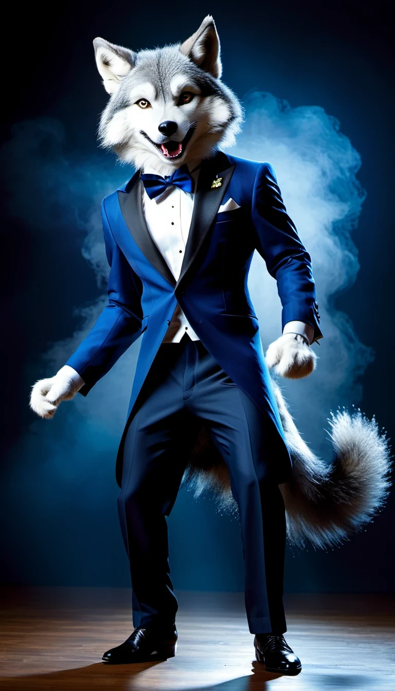 Elegant and dynamic dance postures and meticulous expressions, Anthropomorphic furry wolf wearing tuxedo, Silver gray and dark blue fur, Vibrant color palette, Excellent light and shadow work, Realistic textures, precise composition, Strong visual impact, Artistic charm, Presented in the style of National Geographic magazine photography, Capture people lively、Unique personality
