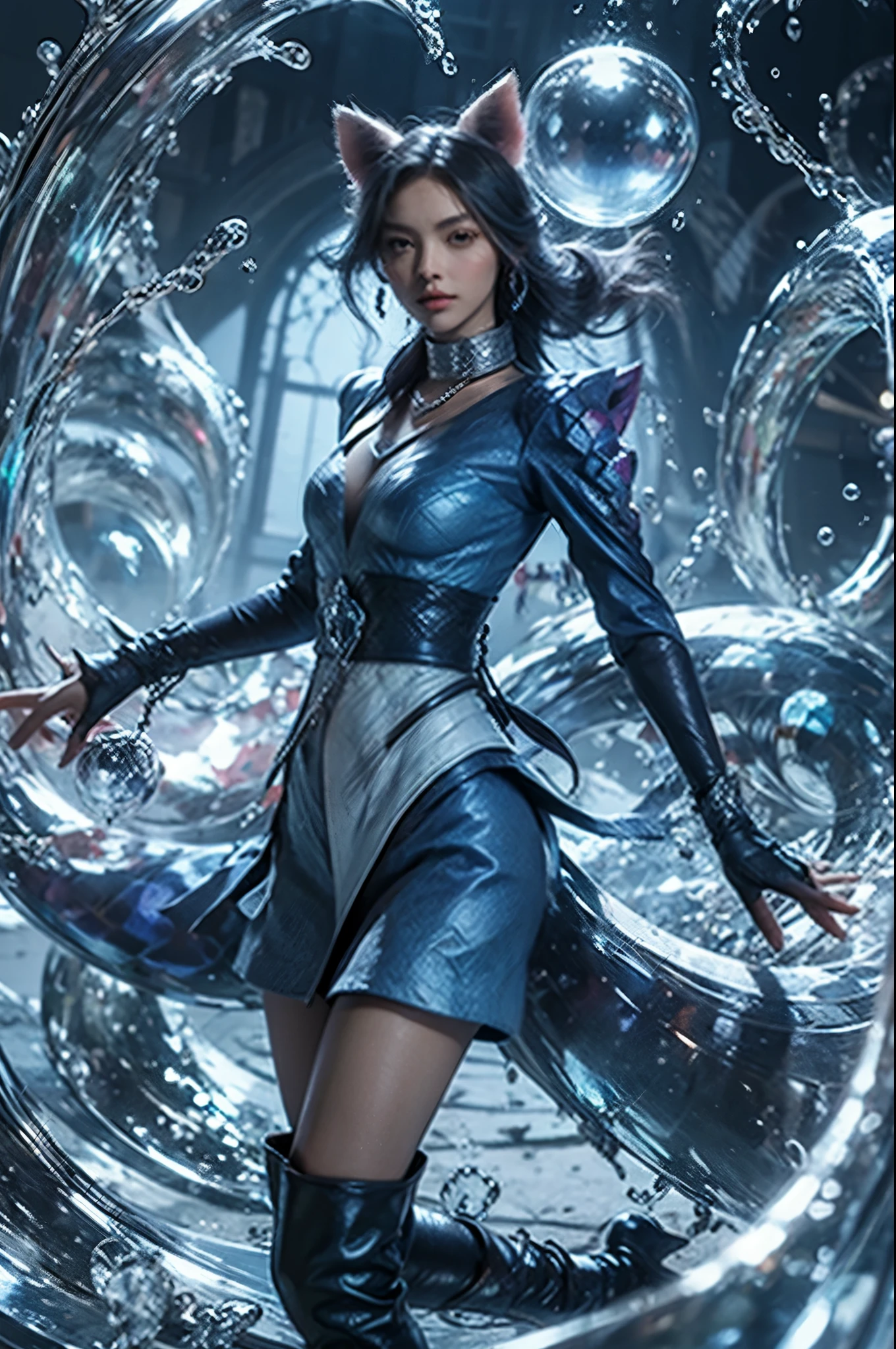 masterpiece, best quality, high resolution, More 1, crown, Sailor Senji, Blue sailor collar, bow, knee high boots, collar, White gloves, blue collar, elbow gloves, jewelry, earrings, blue skirt, Cowboy shooting, sphere, crystal ball, 1girl water yushu water,Ahri, Ahri \(League of Legends\), k/and \(League of Legends\), bloom \(League of Legends\)，Animal ears, facial markings, fox ears, fox Tail, orange eyes, multiple Tails, Tail