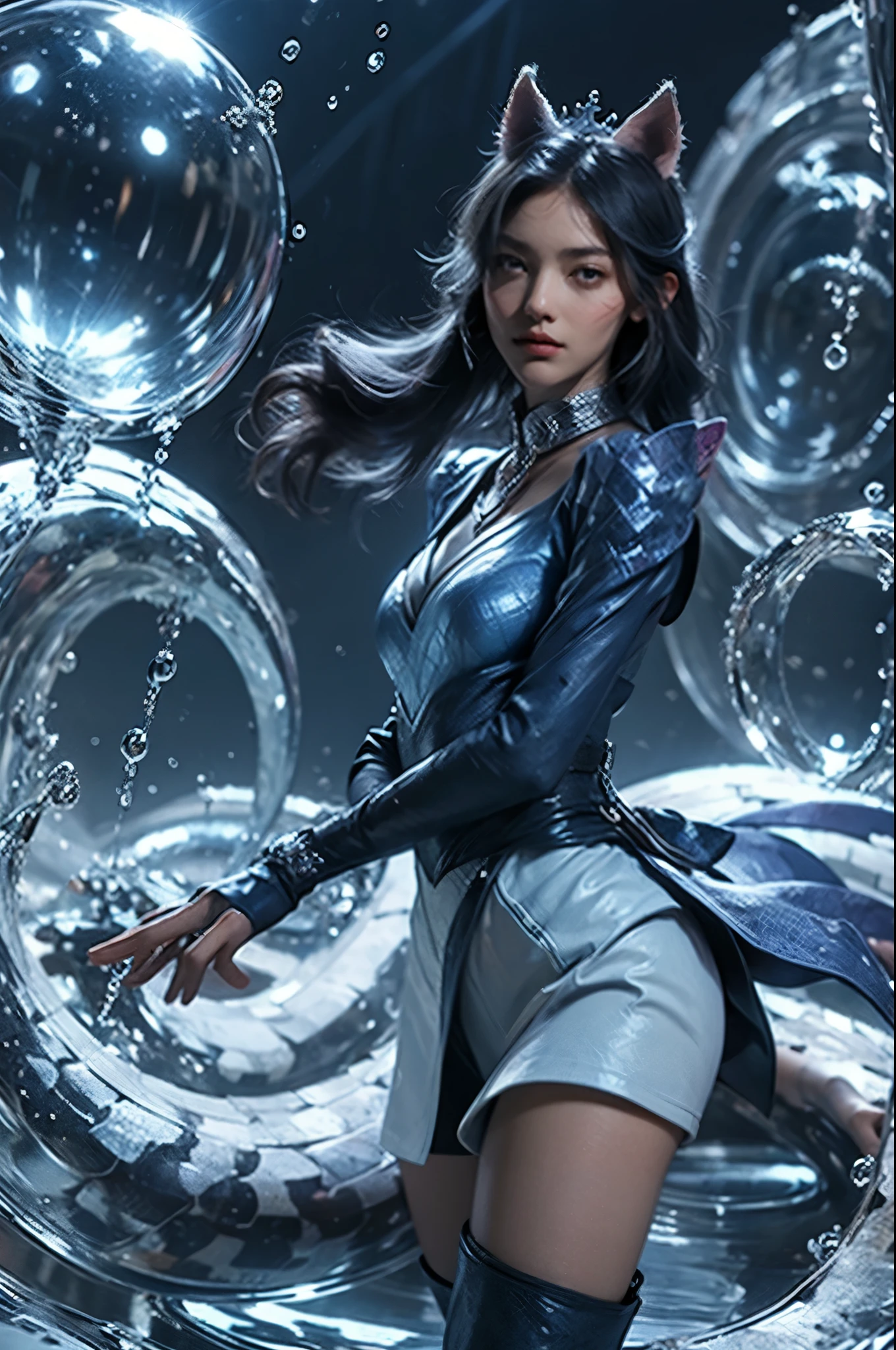 masterpiece, best quality, high resolution, More 1, crown, Sailor Senji, Blue sailor collar, bow, knee high boots, collar, White gloves, blue collar, elbow gloves, jewelry, earrings, blue skirt, Cowboy shooting, sphere, crystal ball, 1girl water yushu water,Ahri, Ahri \(League of Legends\), k/and \(League of Legends\), bloom \(League of Legends\)，Animal ears, facial markings, fox ears, fox Tail, orange eyes, multiple Tails, Tail