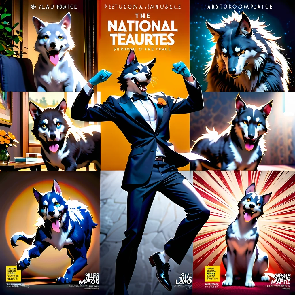 Elegant and dynamic dance postures and meticulous expressions, Anthropomorphic furry wolf wearing tuxedo, Silver gray and dark blue fur, Vibrant color palette, Excellent light and shadow work, Realistic textures, precise composition, Strong visual impact, Artistic charm, Presented in the style of National Geographic magazine photography, Capture people lively、Unique personality
