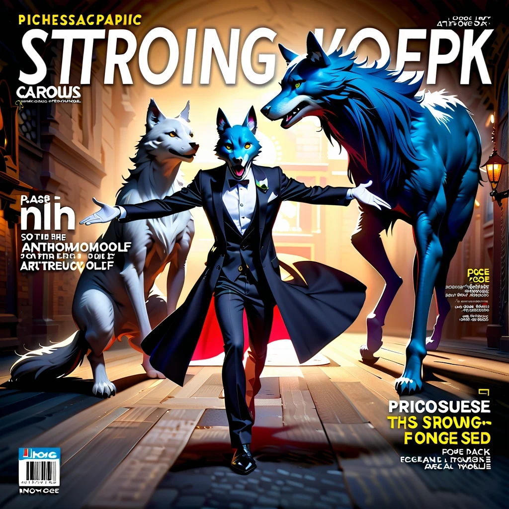 Elegant and dynamic dance postures and meticulous expressions, Anthropomorphic furry wolf wearing tuxedo, Silver gray and dark blue fur, Vibrant color palette, Excellent light and shadow work, Realistic textures, precise composition, Strong visual impact, Artistic charm, Presented in the style of National Geographic magazine photography, Capture people lively、Unique personality
