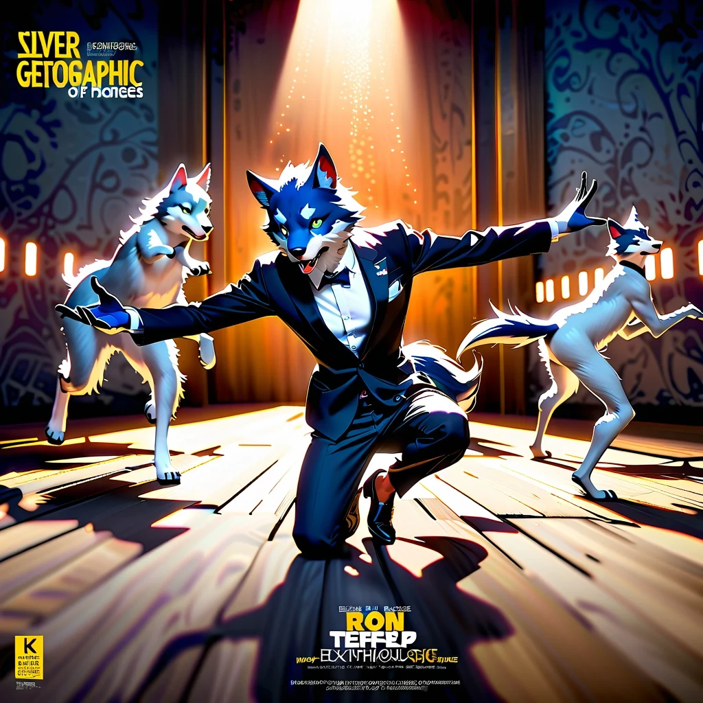 Elegant and dynamic dance postures and meticulous expressions, Anthropomorphic furry wolf wearing tuxedo, Silver gray and dark blue fur, Vibrant color palette, Excellent light and shadow work, Realistic textures, precise composition, Strong visual impact, Artistic charm, Presented in the style of National Geographic magazine photography, Capture people lively、Unique personality
